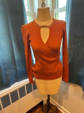 Guess Rust Orange Ribbed Sweater Top with Chain Trim